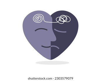 Sad and happy emotion in the same face on heart shape, Mental health awareness and self care concept. Flat vector illustration.	