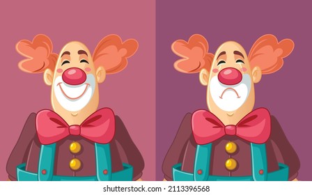 
Sad and Happy Expressions of a Clown Vector Illustration. Circus performer acting emotional changing facial expressions
