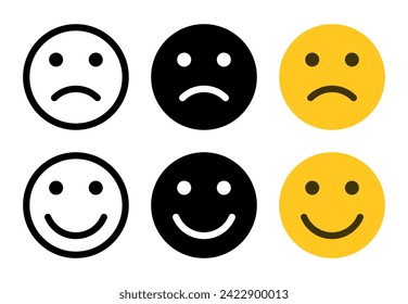 Sad and happy face emoticon icon set in flat style. Disappointment and satisfaction expression sign symbol