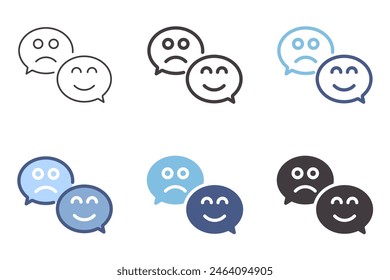 Sad and happy face speech bubbles icons. Feedback smiling and sadness positive and negative message. Vector graphic element symbols