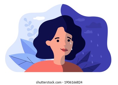Sad and happy face of woman suffering from bipolar disorder, feeling depressed or high. Flat vector illustration for behavior contrast, anxiety, mental health, depression concept
