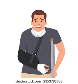 Sad and happy man with a broken arm and leg in a cast with a crutch and a fixing collar around his neck. Fracture limb. Injury. Flat vector illustration isolated on white background