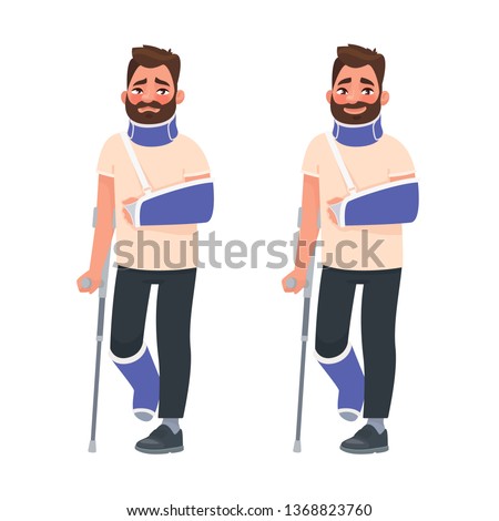 Sad and happy man with a broken arm and leg in a cast with a crutch and a fixing collar around his neck. Fracture limb. Injury. Vector illustration in cartoon style