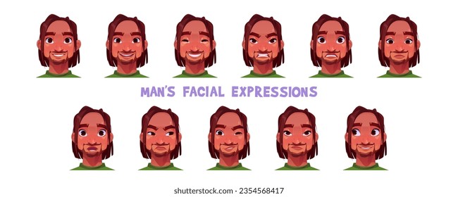 Sad and happy man character facial expression set. Different cartoon male avatar icon with unhappy, smile, scared, surprised and upset handsome boy student mood. Isolated human feeling and reaction