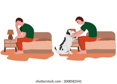 sad and happy man with a dog. home pet from the shelter. before and after. life with and without a dog. support, love, care, depression, sadness from a pet. animal shelter and home. stock vector.
