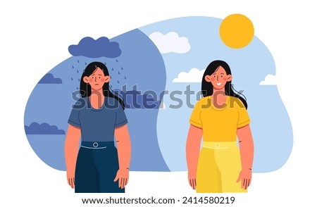 Sad and happy mood concept. Two woman wih sunny and rainy weather. Happiness and positive versus depression and frustration. Cartoon flat vector illustration isolated on white background