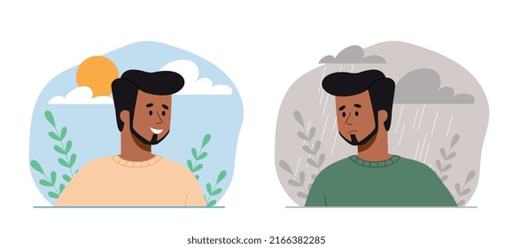 Triste y feliz humor. Joven soleado o en tiempo lluvioso. Metáfora para la depresión, la soledad y la tristeza o la alegría y la positividad. Metáfora optimista y pesimista. Dibujo vectorial plano de dibujos animados