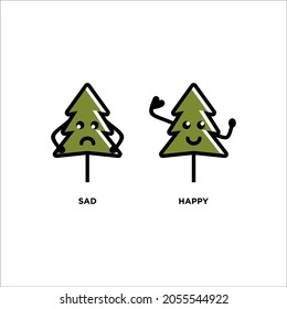 sad and happy pine tree in doodle vector illustration