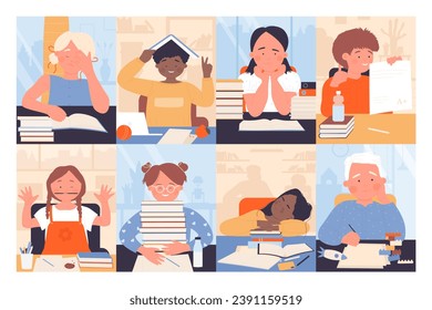 Sad and happy school students studying set vector illustration. Cartoon boy and girl read books or play on lesson in classroom, proud nice exam test results, relax of sleepy lazy child at table