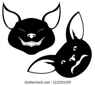 Sad and happy vector bat faces. Two shapes of black bat heads with different emotions isolated on white background