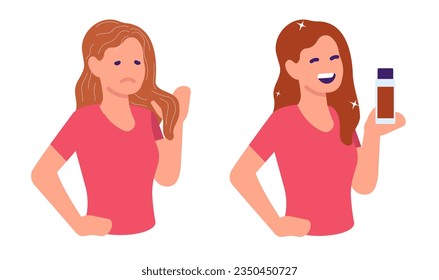 Sad and happy woman before or after dyeing. Unhappy girl with gray hair. Satisfied lady showing cosmetic bottle. Sparkling hairstyle. Beautiful appearance. Beauty