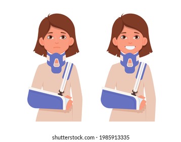 Sad and happy woman with a broken arm in a cast and a fixing collar around his neck. Vector illustration