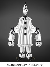 Sad harlequin white suit with black bows and pompons, long sleeves, twisted toe shoes, tear on mask realistic vector. Masquerade, costumed party, theater pantomime pierrot actor costume illustration