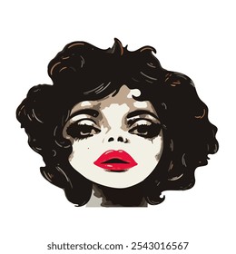 Sad haughty portrait of woman with big hair and big lips in 70s style for poster