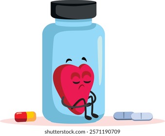 
Sad Heart Character in a Bottle of Medication Vector Illustration. Unhappy depressed organ of a suffering parent in cardiology 
