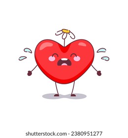 Sad Heart Character Plucking Daisy Petals: Emotional Valentine's Day Illustration. Heart Mascot Experiencing Heartbreak and Disappointment. Vector Design for Romantic Stories and Expressive Emojis.