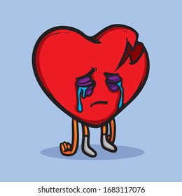 Sad Heart. Crying Broken Heart Character. Bitter Love Vector Concept. Bad Romance Illustration