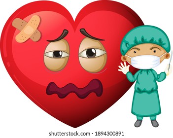 Sad heart emoticon with a doctor wearing mask cartoon character illustration