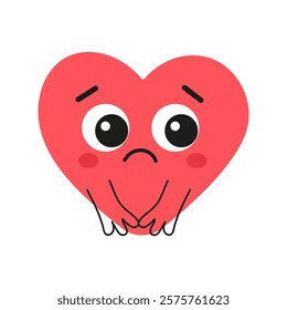 Sad heart face emotion. Romantic mascot. Concept for love and Valentine's Day. Flat vector illustration