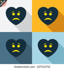 Sad heart face sign icon. Sadness depression chat symbol. Four squares. Colored Flat design buttons. Vector