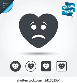 Sad heart face sign icon. Sadness depression chat symbol. Circle and square buttons. Flat design set. Thank you ribbon. Vector