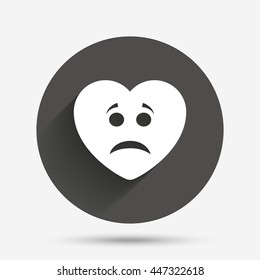 Sad heart face sign icon. Sadness depression chat symbol. Circle flat button with shadow. Vector