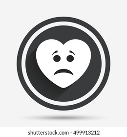 Sad heart face sign icon. Sadness depression chat symbol. Circle flat button with shadow and border. Vector