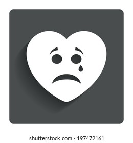 Sad heart face with tear sign icon. Crying chat symbol. Gray flat button with shadow. Modern UI website navigation. Vector
