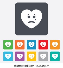 Sad heart face with tear sign icon. Crying chat symbol. Rounded squares 11 buttons. Vector