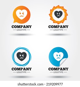 Sad heart face with tear sign icon. Crying chat symbol. Business abstract circle logos. Icon in speech bubble, wreath. Vector
