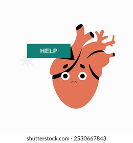 Sad heart with help sign in flat vector illustration symbolizing health concern, medical emergency, and cardiovascular issues, isolated on white background.