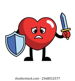 Sad Heart Warrior with Sword and Shield Cartoon Illustration