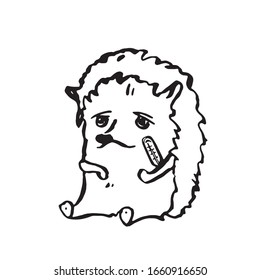 Ein trauriger Igel ist krank, misst die Temperatur mit einem Thermometer. Schwarz-Weiß-Vektorillustration-Illustration. Handgezeichnet. Auf weißem Hintergrund.