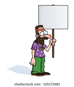 Sad hippie holding an empty protest sign.