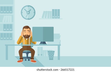 A sad hipster Caucasian businessman with beard sitting infront of his table looking at laptop having a problem reaching the deadline of his report. A contemporary style with pastel palette soft blue