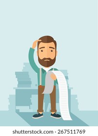 A sad hipster Caucasian man with beard standing holding a paper feels headache and worries about paying a lot of bills. Problem, worries concept. A contemporary style with pastel palette soft blue