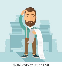 A sad hipster Caucasian man with beard standing holding a paper feels headache and worries about paying a lot of bills. Problem, worries concept. A contemporary style with pastel palette soft blue