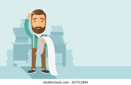 A sad hipster Caucasian man with beard standing holding a paper feels headache and worries about paying a lot of bills. Problem, worries concept. A contemporary style with pastel palette soft blue