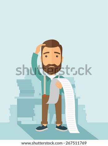A sad hipster Caucasian man with beard standing holding a paper feels headache and worries about paying a lot of bills. Problem, worries concept. A contemporary style with pastel palette soft blue