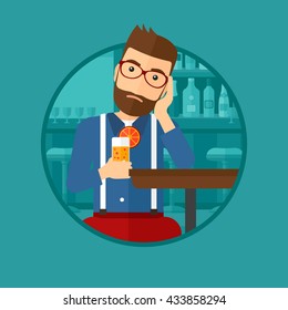 A Sad Hipster Man Sitting At The Bar With Glass Of Orange Cocktail. Man Sitting Alone At The Bar And Drinking Orange Cocktail. Vector Flat Design Illustration In The Circle Isolated On Background.