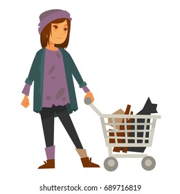 Sad homeless woman in stained sweater with metal cart