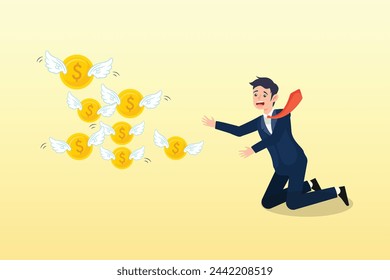 Sad hopeless businessman watching his money coin flying away, losing money from business failure or investment mistake, tax or debt problem, bankruptcy or economic crisis or recession (Vector)
