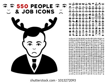 Sad Horned Husband pictograph with 550 bonus pitiful and glad jobs pictograms. Vector illustration style is flat black iconic symbols.