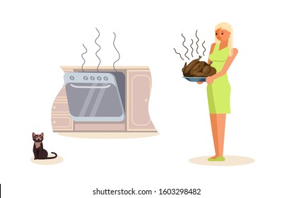 Sad housewife is holding a dish with a burned turkey on the kitchen background. Bad luck and stressful situations concept. Flat Art Vector illustration