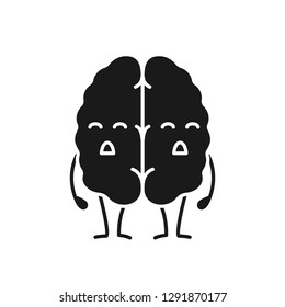 Sad human brain emoji glyph icon. Silhouette symbol. Dementia, stroke. Unhealthy nervous system organ character. Negative space. Vector isolated illustration