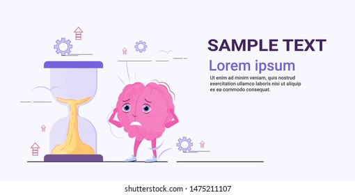 sad human brain looking at sand watch time management deadline concept pink cartoon character kawaii style sketch horizontal copy space vector illustration