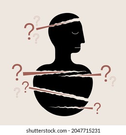 Sad human head with lots of question marks. Mental stress, depression, problems, concern, anxiety. Vector illustration of headache, modern simple design