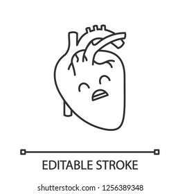 Sad human heart anatomy linear icon. Cardiovascular system diseases. Thin line illustration. Unhealthy internal organ. Contour symbol. Vector isolated outline drawing. Editable stroke