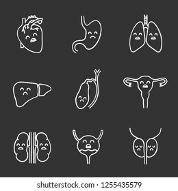 Sad human internal organs chalk icons set. Respiratory, urinary, reproductive, digestive systems diseases. Unhealthy organs. Isolated vector chalkboard illustrations