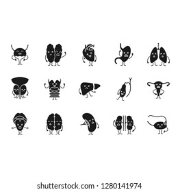Sad human internal organs characters glyph icons set. Silhouette symbols. Respiratory, urinary, reproductive, digestive systems diseases. Unhealthy organs emojis. Vector isolated illustration.
